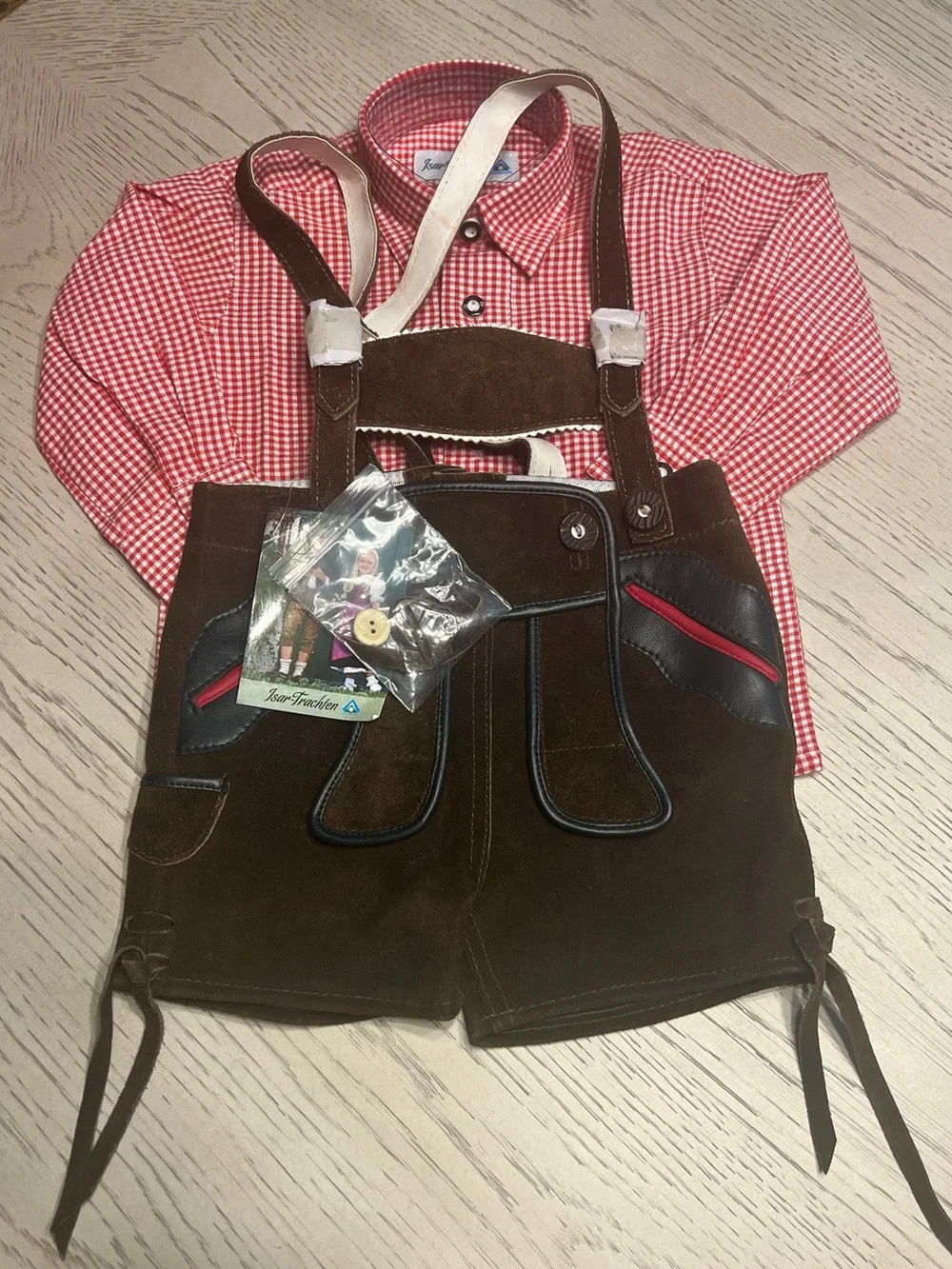 Kids Lederhosen Outfit Isar-Trachten Boys Leather Lederhosen Shorts Brown w/ Gin